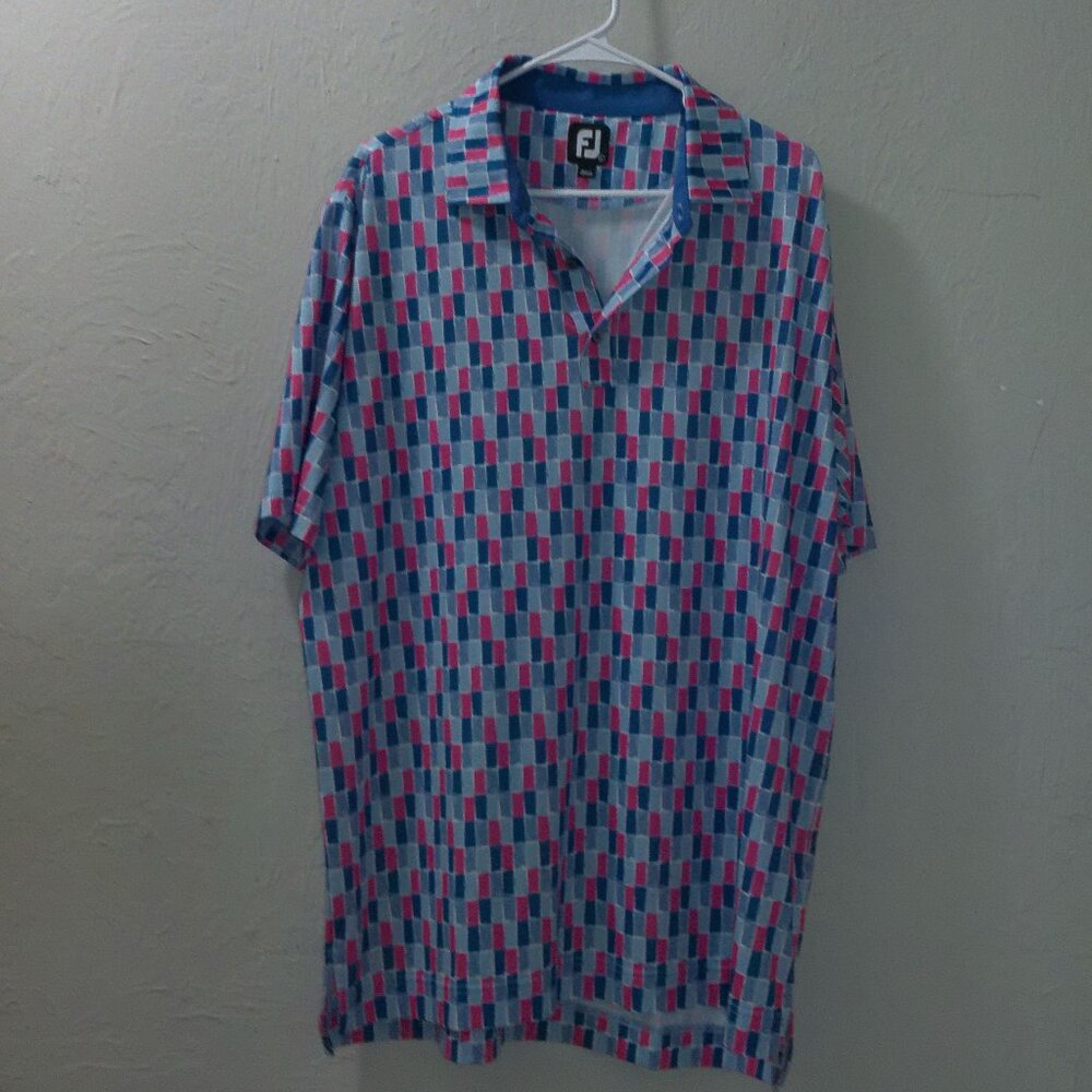 FootJoy Men’s Golf Polo Shirt L | Pink Blue White Geometric Pattern